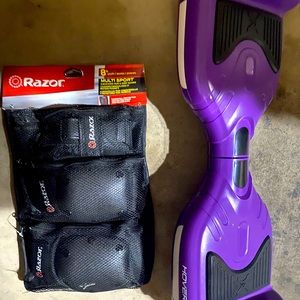 Purple Hover Board and Razor brand knee pads